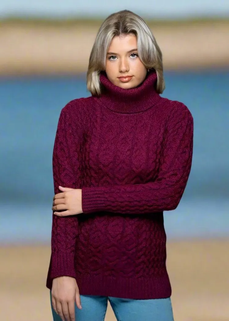 Cozy Aran Chunky Cowl Neck Sweater | Vibrant Raspberry Marl