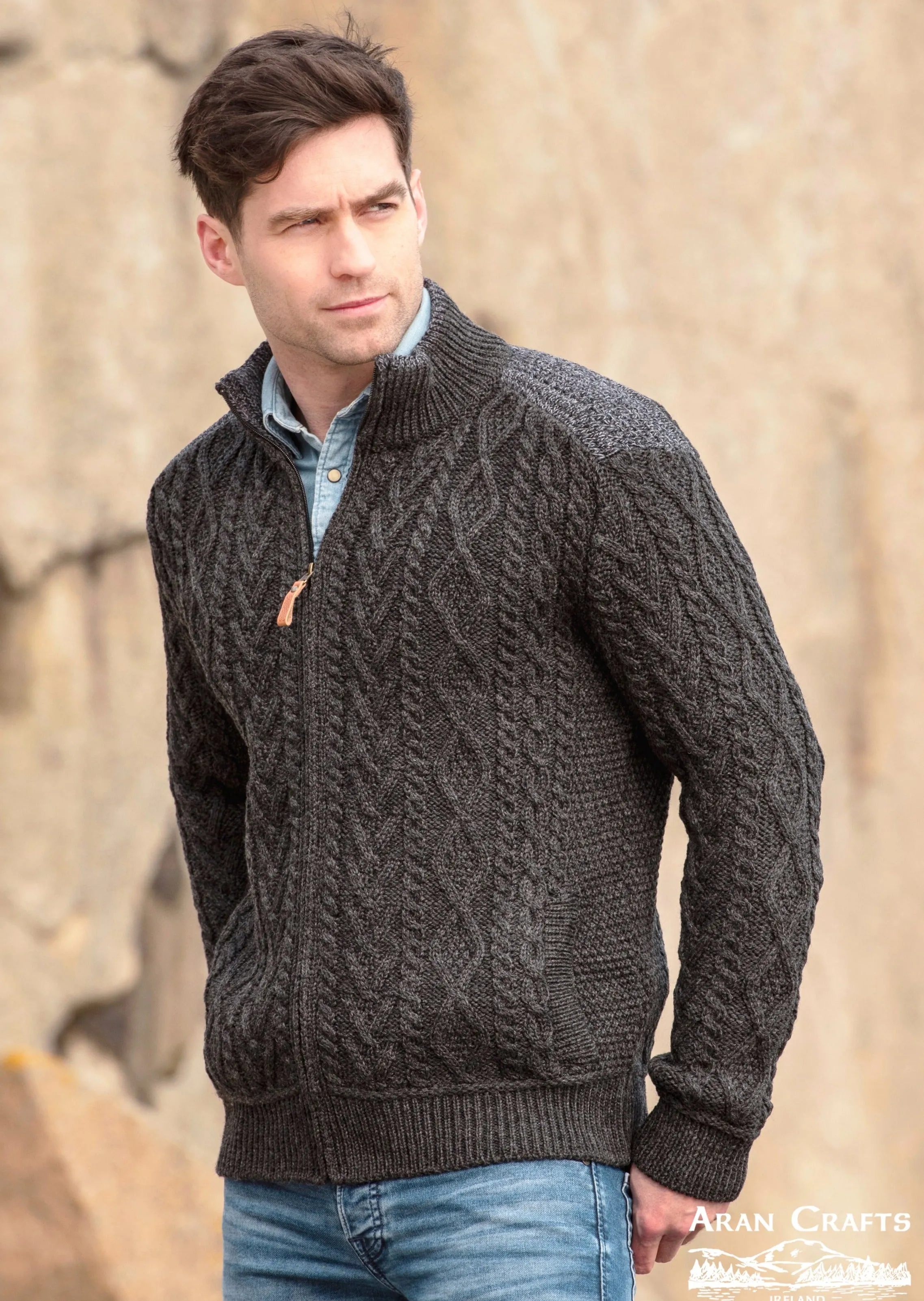 Aran Crafts Full Zip Sweater | Charcoal