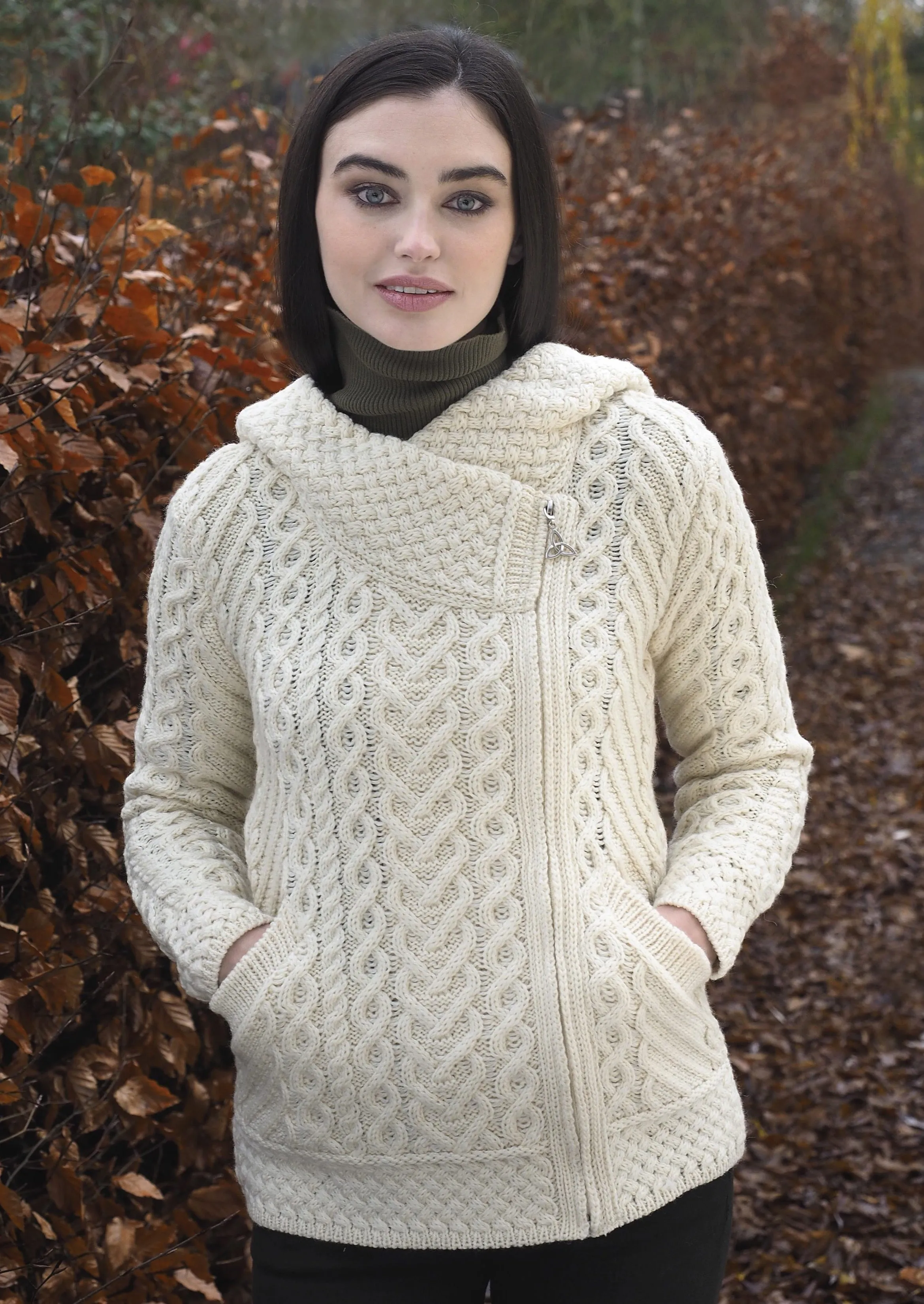 Aran Crafts Side Zip Hooded Cardigan | Natural