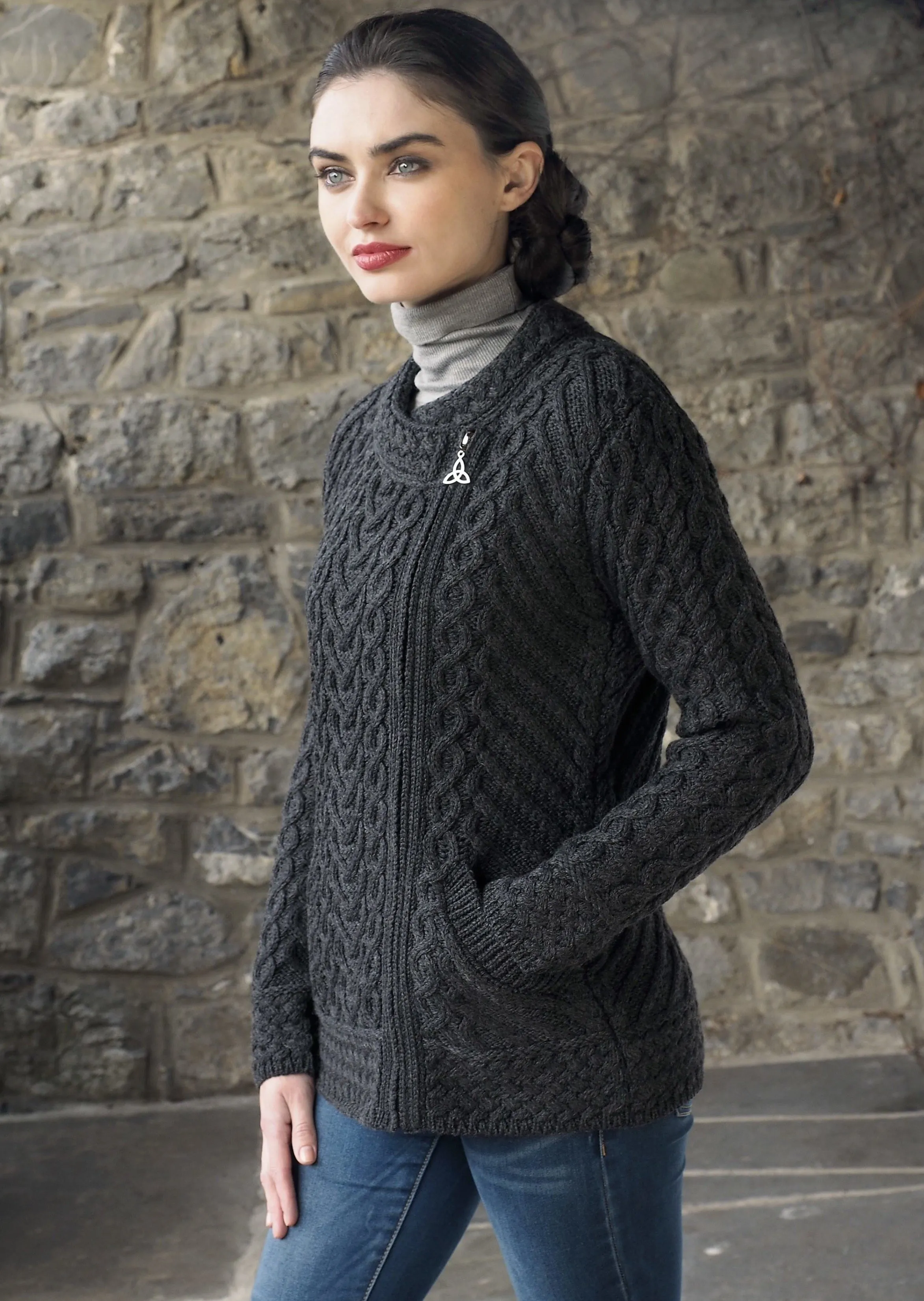 Aran Heart Design Zip Cardigan | Charcoal