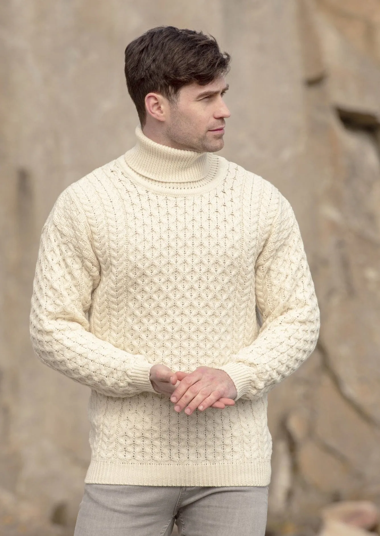 Aran Merino Polo Neck Sweater | Natural