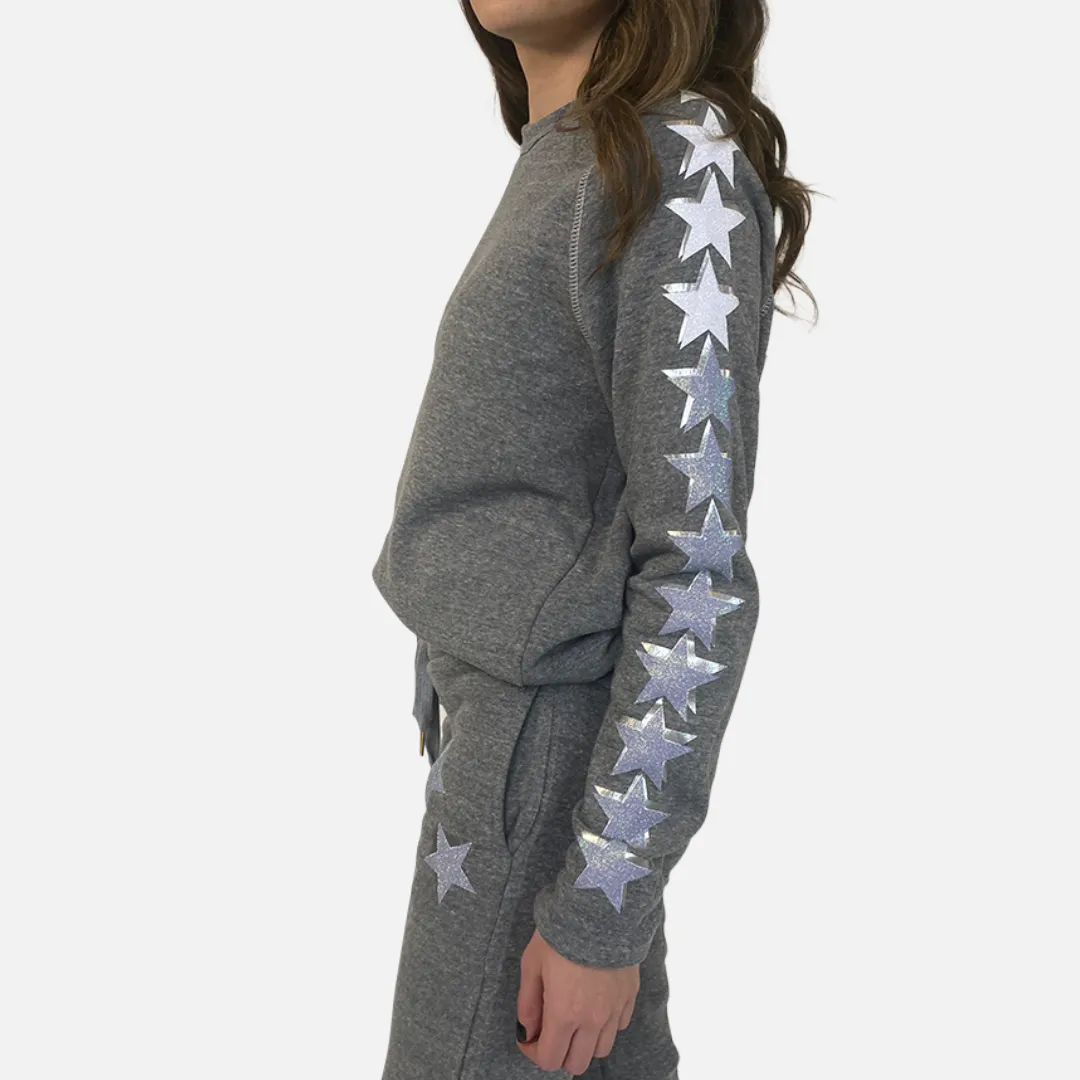 Babsie Light Grey With Iridescent Stars Crewneck Sweatshirt