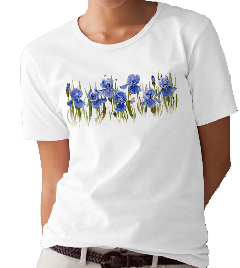 Vibrant Bees and Elegant Iris Flowers T-shirt Designed by Valerie Pfeiffer