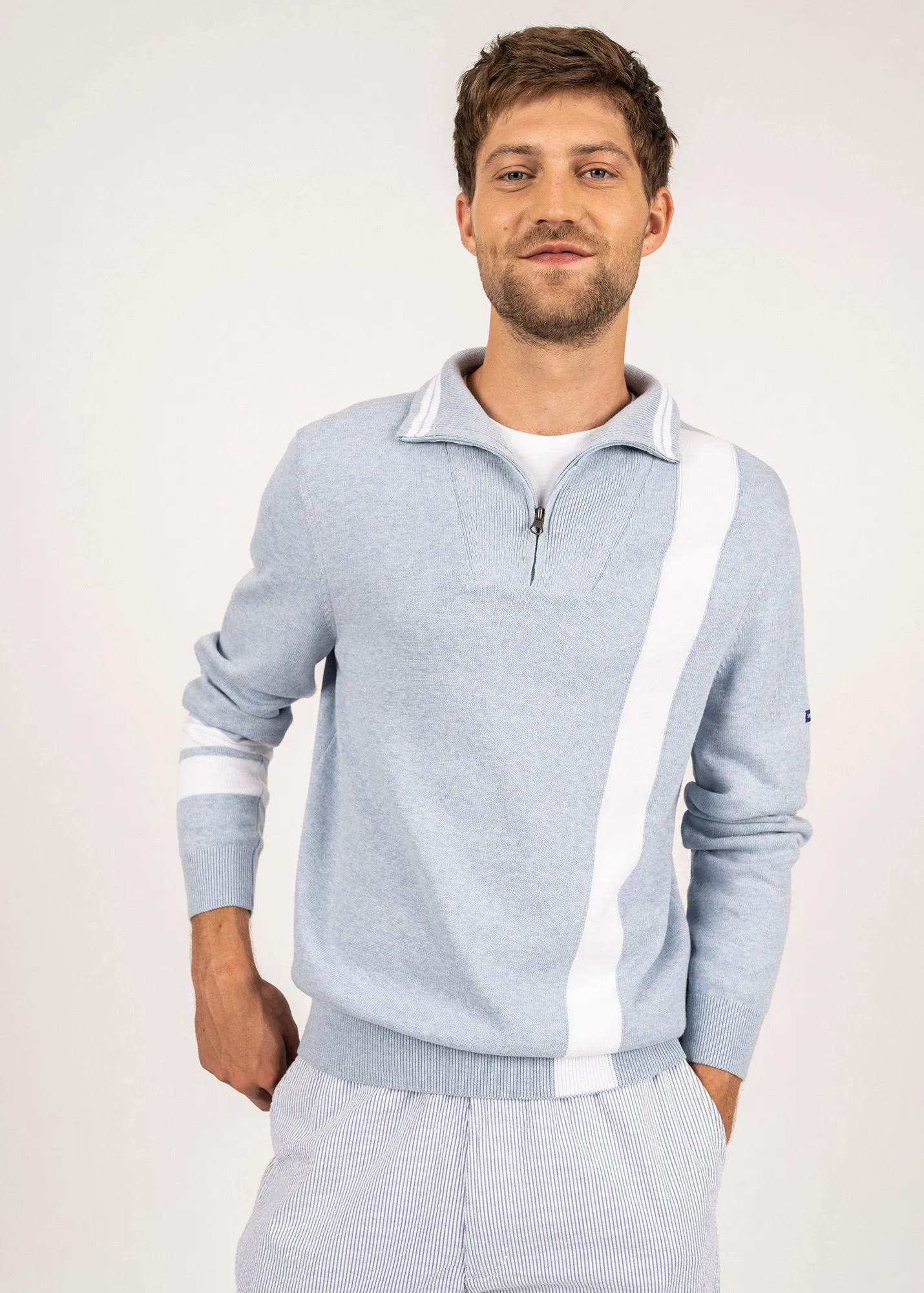 BILBAO - Cotton Trucker Sweater for Men (LIGHT BLUE MELANGE / WHITE)