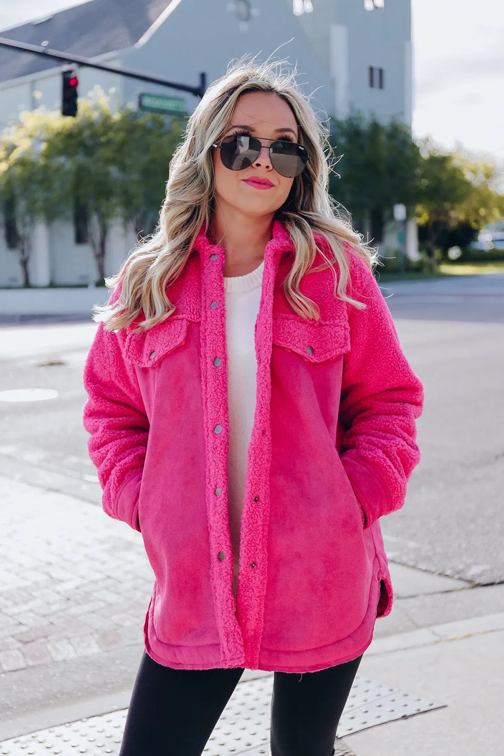 Bright Pink Faux Suede Sherpa Patchwork Button-up Shacket