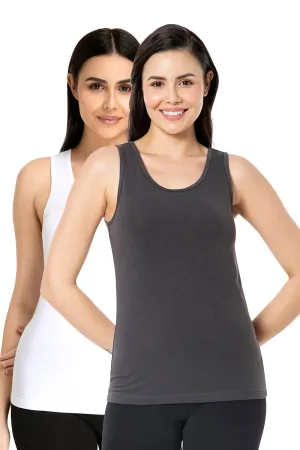 Broad Strapped Body Hugging Cotton Tank Top (Pack of 2) - Pinstripe Grey - White