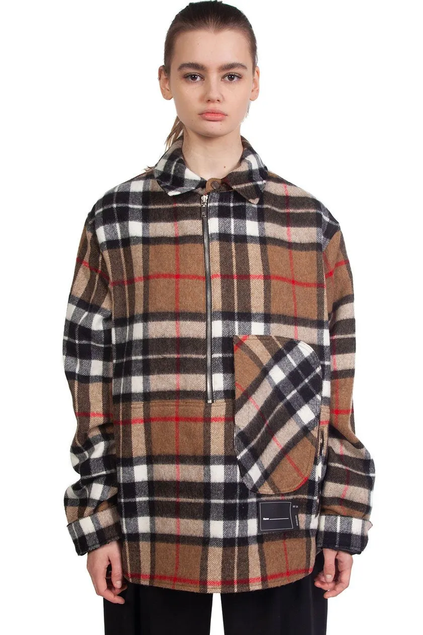 Brown Wool Check Half-Zip Shirt