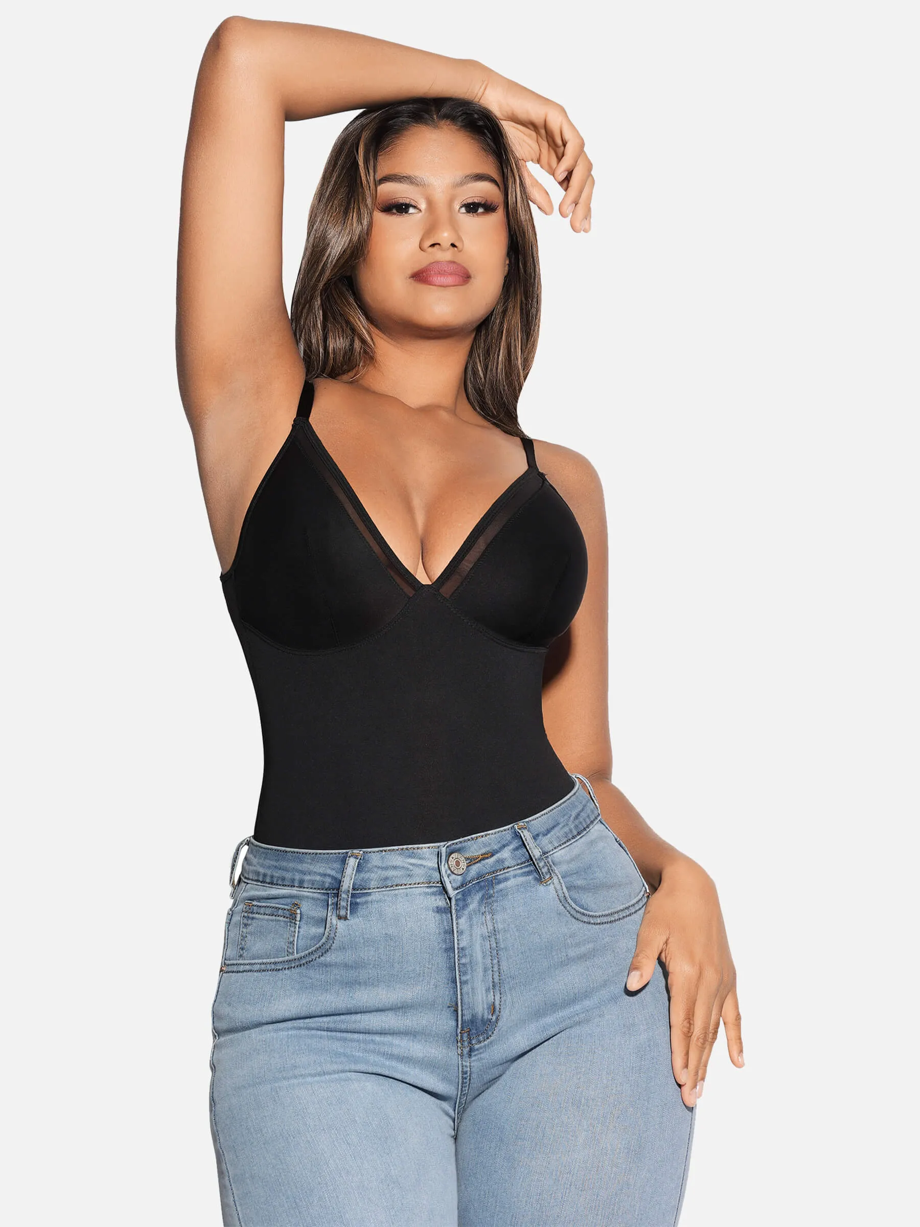 Feelingirl Deep V-Neck Mesh Coverall Bodysuit