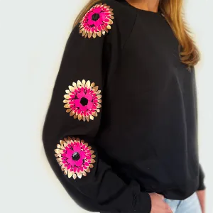 Jack Chic Black Sweatshirt - Neon Pink and Blush Daisies