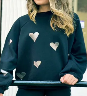 PLUS Size Jack Chic Black Sweatshirt - Gunmetal Foil Hearts