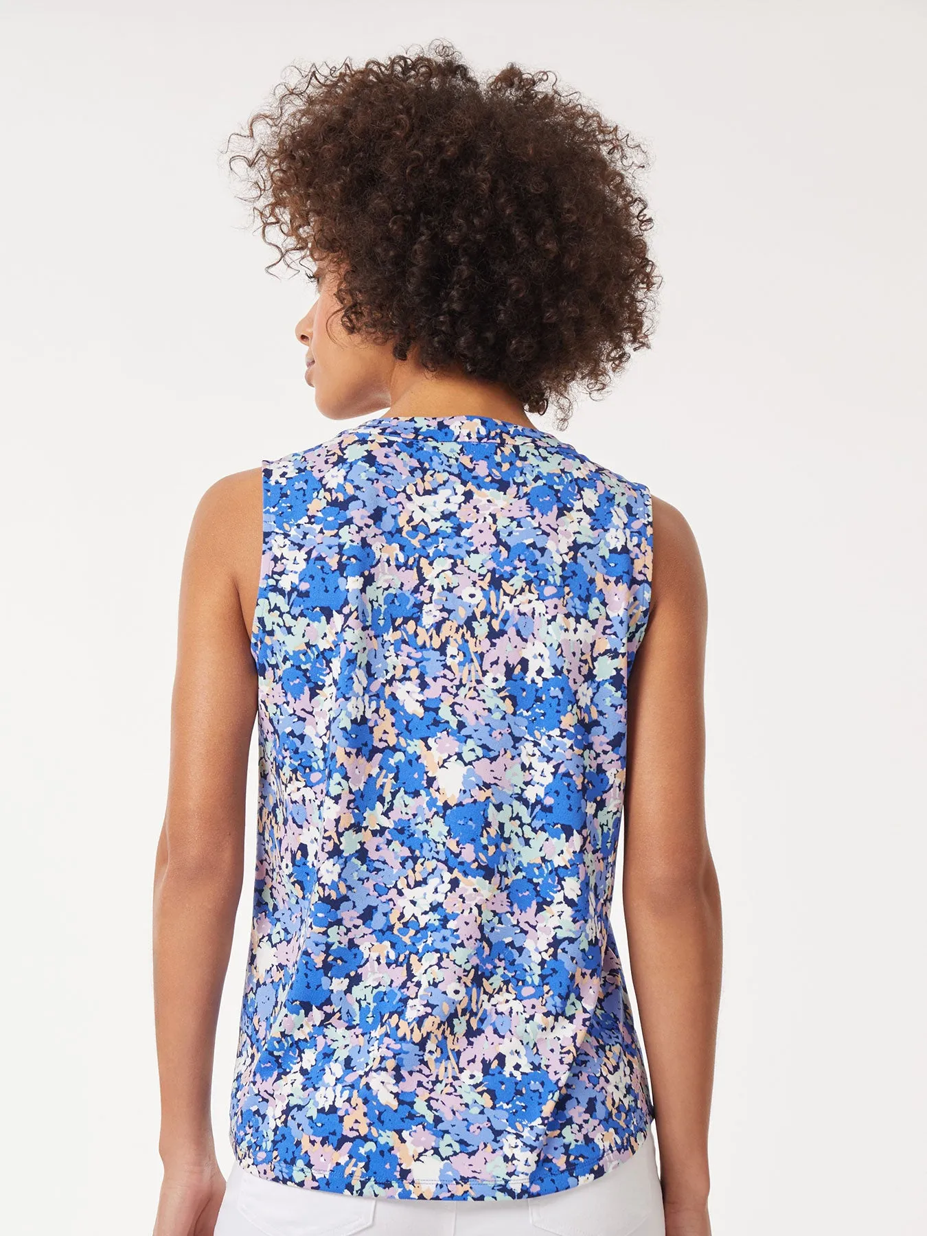 Sleeveless Printed V-Neck Moss Crepe Top